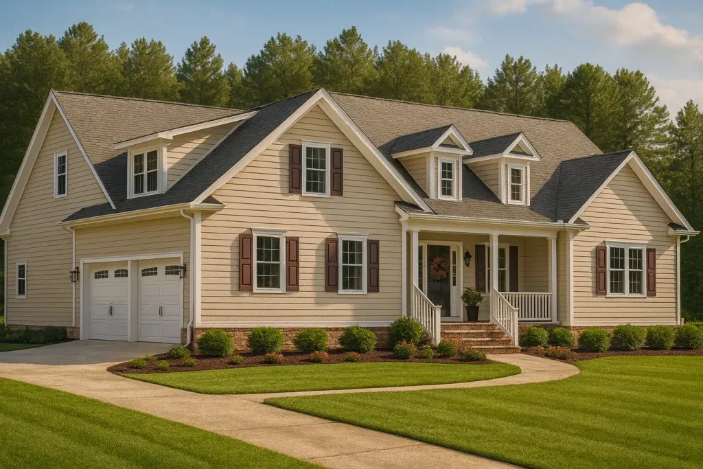 Front view of a Traditional Colonial Revival house with lap siding, decorative shutters, and a welcoming front porch with white columns and a front-entry garage