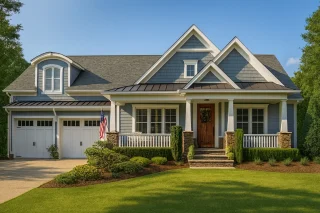 Front elevation of a Craftsman Traditional style home featuring shingle siding, stone accents, and a welcoming covered porch with tapered columns