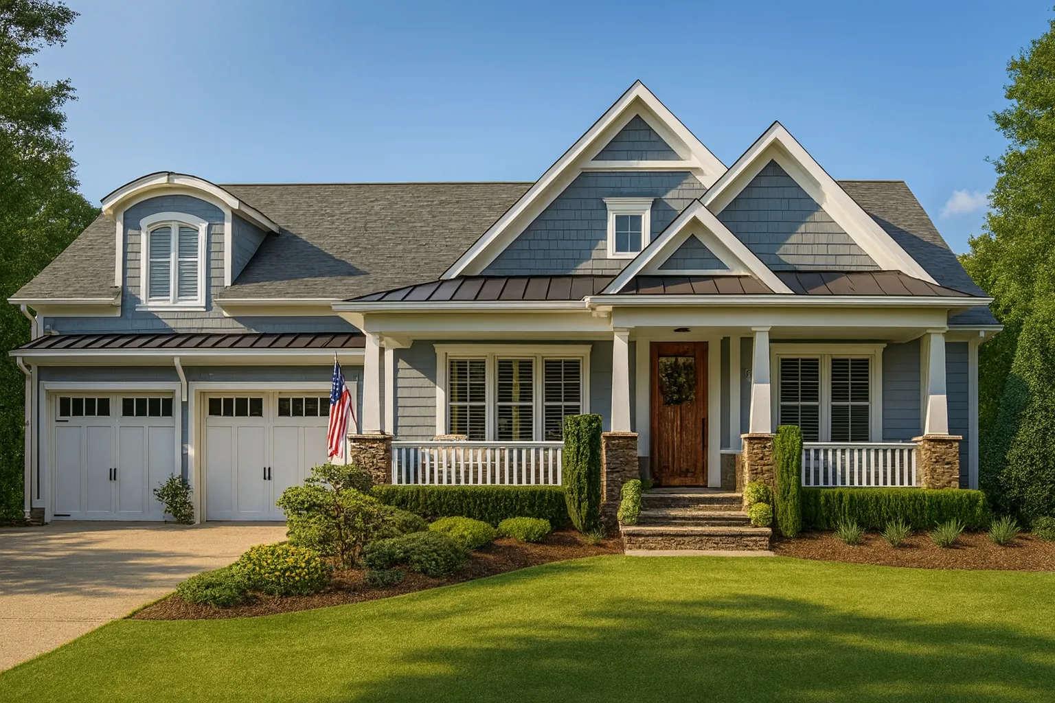 Front elevation of a Craftsman Traditional style home featuring shingle siding, stone accents, and a welcoming covered porch with tapered columns