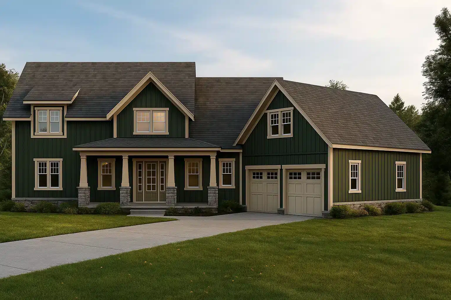 Front elevation of a Modern Farmhouse style home featuring board and batten siding, black roof, gables, and inviting covered porch entry