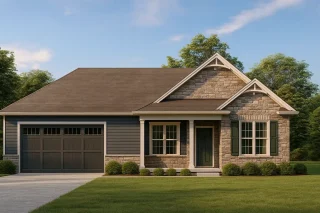 Front elevation of a Traditional Ranch style home featuring stone accents, horizontal lap siding, gabled rooflines, and a welcoming covered porch entry