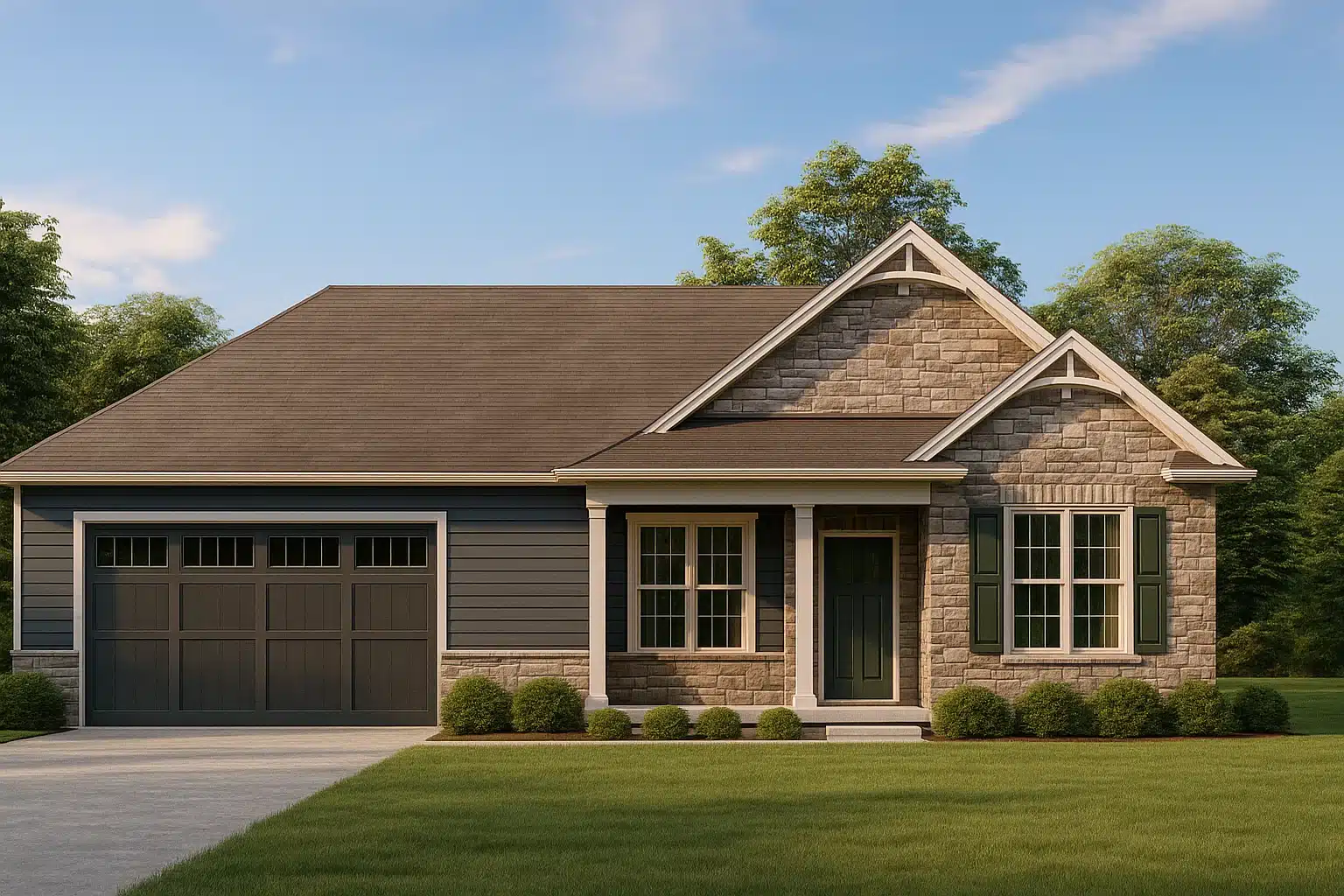Front elevation of a Traditional Ranch style home featuring stone accents, horizontal lap siding, gabled rooflines, and a welcoming covered porch entry
