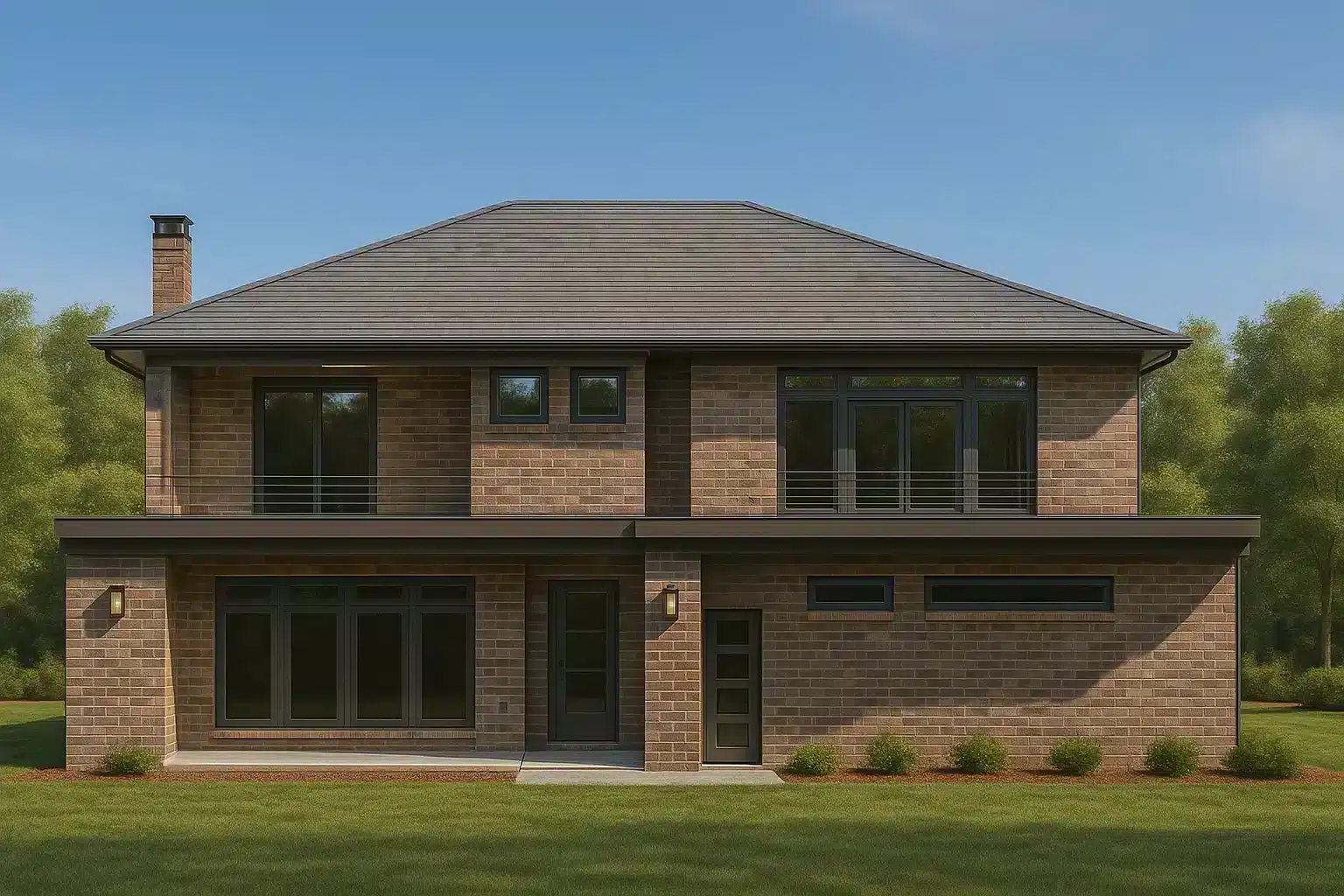 Rear elevation of a Traditional Brick two-story home with symmetrical design, multi-pane windows, and classic proportions under a low-hip roof