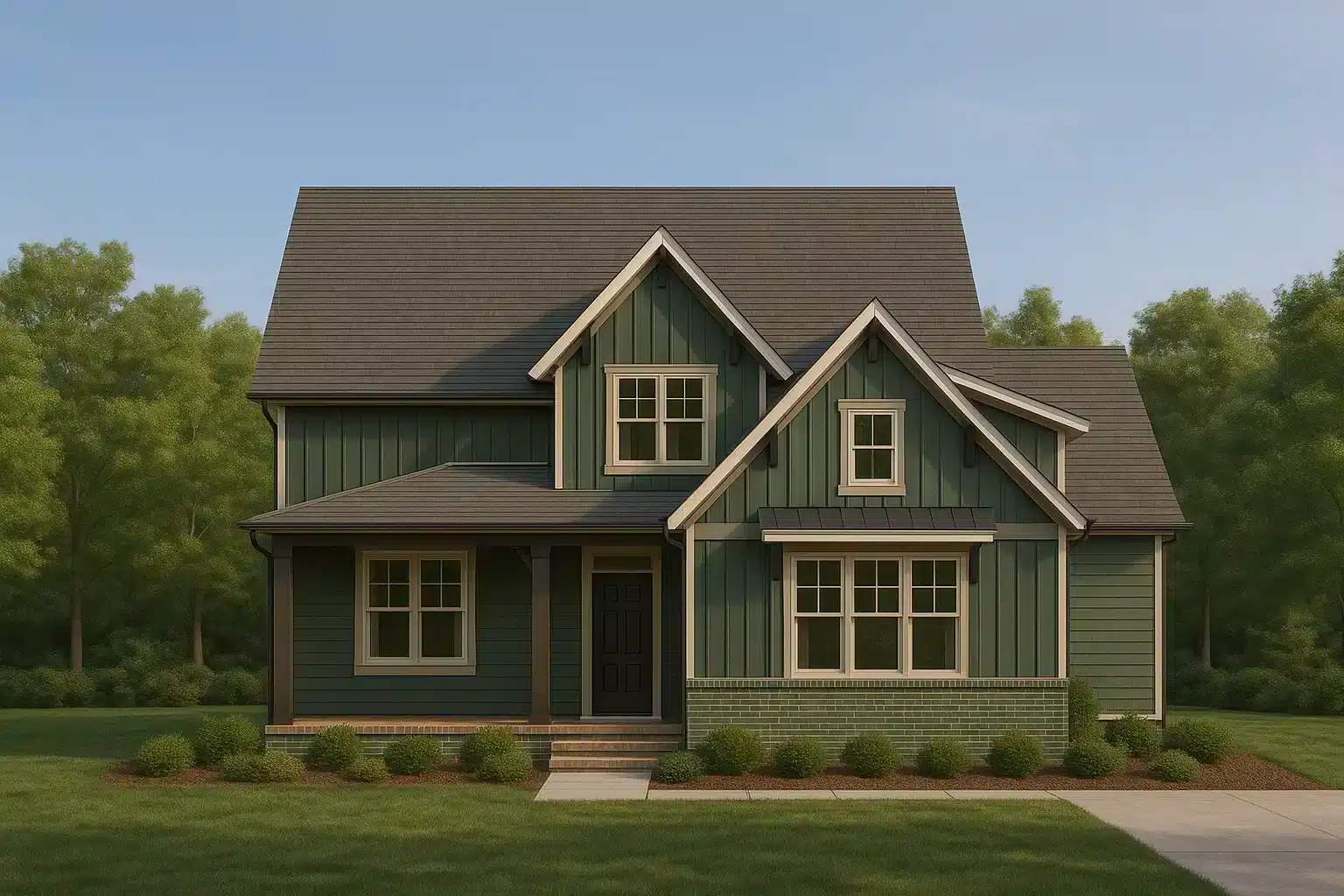 Front elevation of Modern Farmhouse style home featuring board and batten siding, gable rooflines, and welcoming covered porch entry