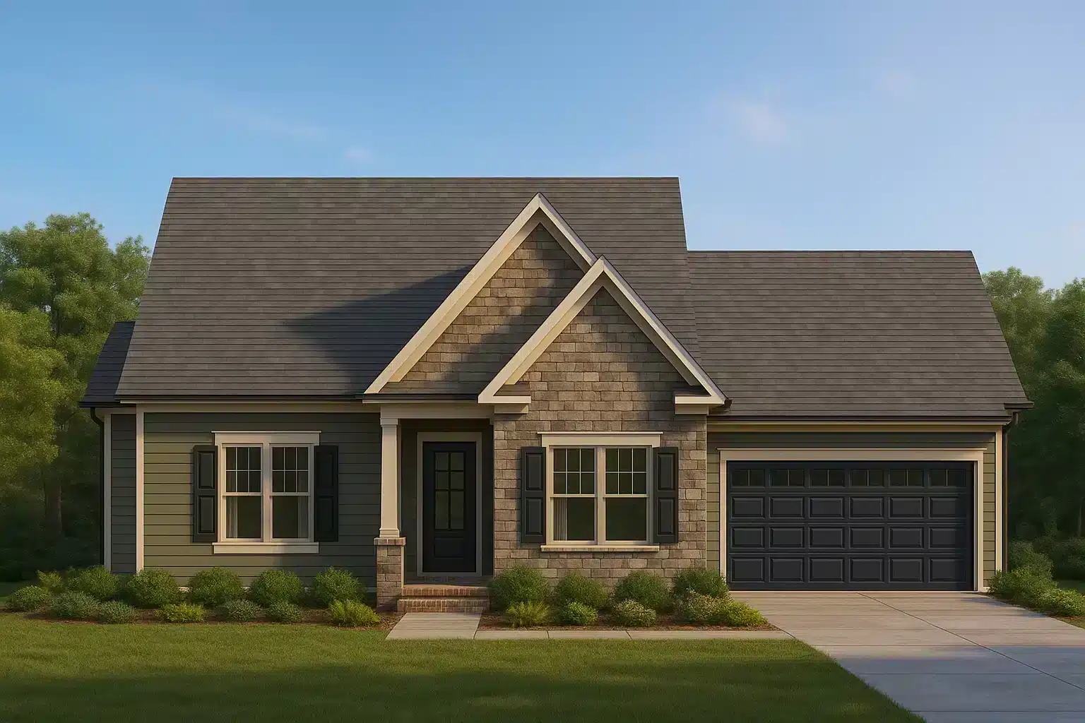 Front elevation of a Traditional Ranch Craftsman home featuring horizontal siding, stone veneer, and shingle gable details with a two-car garage.