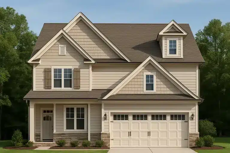 Front elevation of a Traditional New American style home featuring horizontal lap siding, shingle accents, and partial stone wainscoting with a welcoming covered porch.