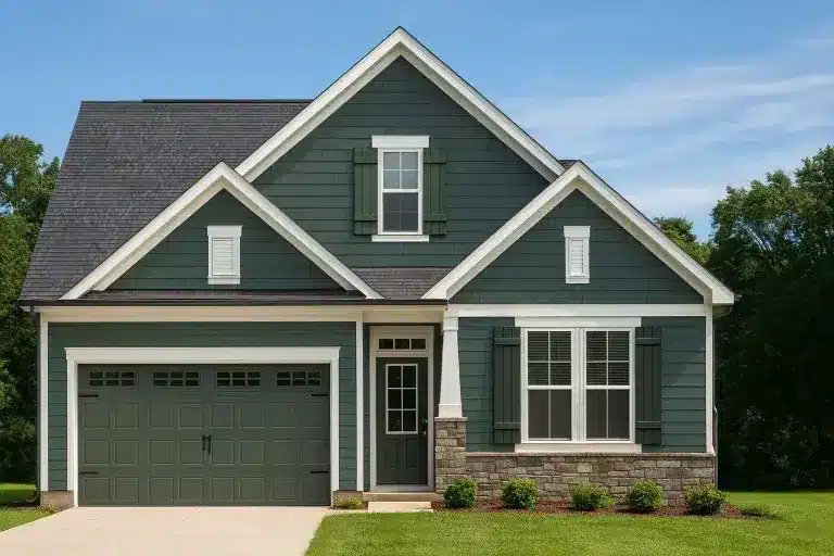 Front view of a Traditional Craftsman New American home featuring fiber cement lap and shingle siding with stone wainscoting accents