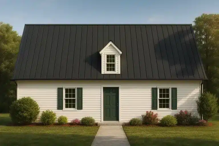 Barn Style House Plans 11 Front view of Cape Cod Cottage style home featuring white siding, steep gable roof, and central dormer window for timeless curb appeal