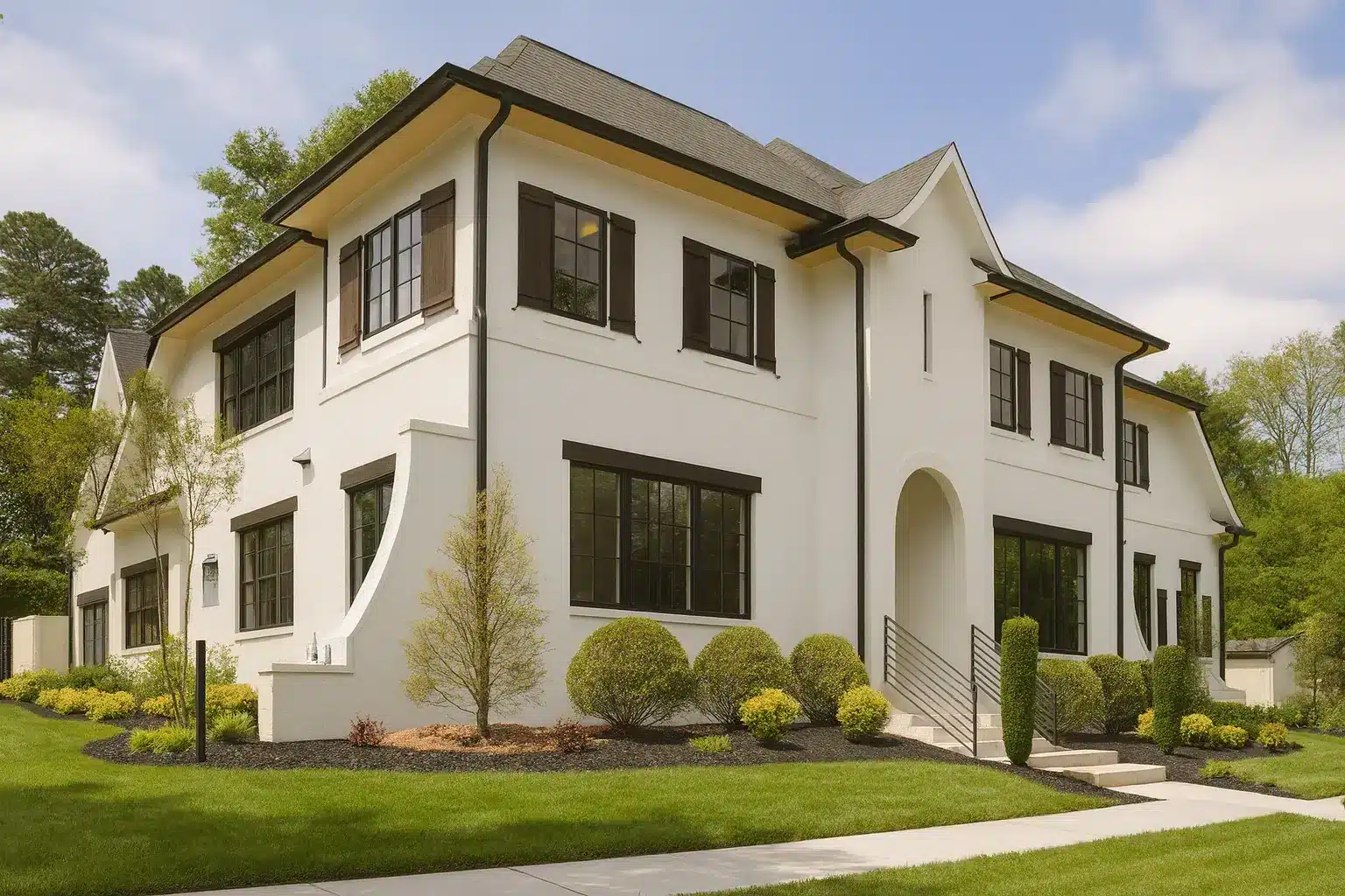 European House Plans 8 Front and side view of a Transitional Modern Traditional home featuring smooth stucco exterior, black window trim, and arched entryway design with timeless curb appeal