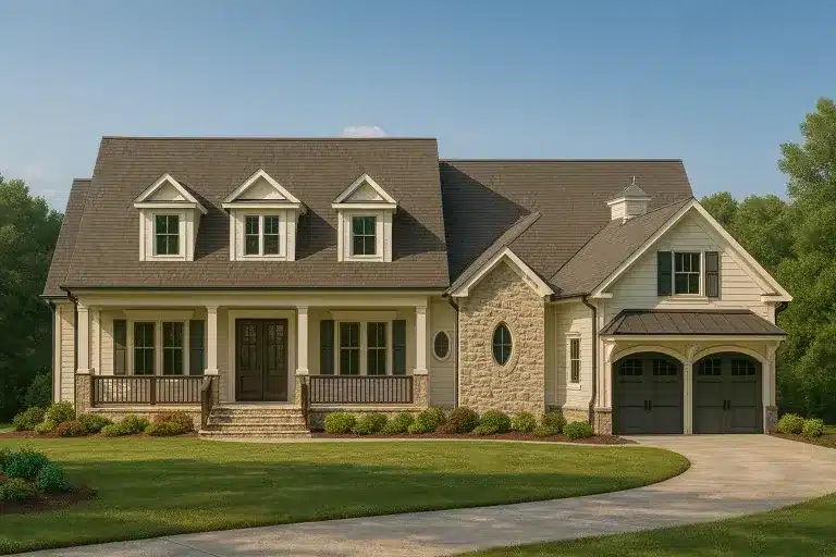 Front view of a Traditional Farmhouse style home featuring horizontal siding, stone accents, gabled dormers, and a welcoming covered porch entry