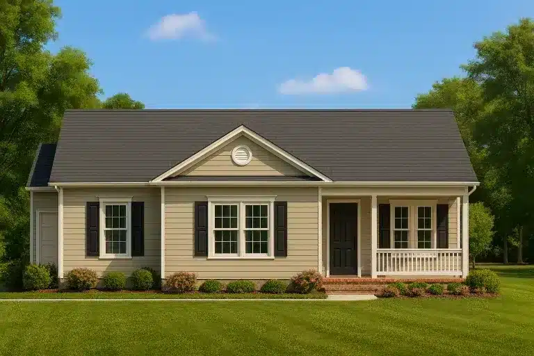 Front view of a Traditional Ranch style home featuring horizontal lap siding, black shutters, and a welcoming covered porch with brick foundation steps.