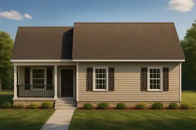 Front view of a Traditional Cottage style home with tan horizontal siding, brown roof, and stone foundation accents beneath a covered porch