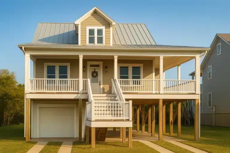 Front view of a raised Coastal Beach home with Low Country design, metal roof, and siding exterior