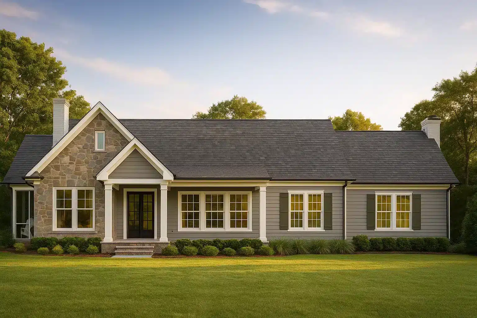Front elevation of a Traditional Ranch home featuring stone accents, horizontal siding, and a welcoming covered porch
