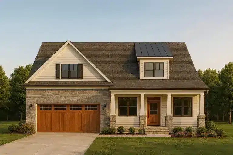 Front view of a Modern Farmhouse Craftsman style home featuring stone and horizontal lap siding, board and batten detailing, and wood accents on the garage and entry door