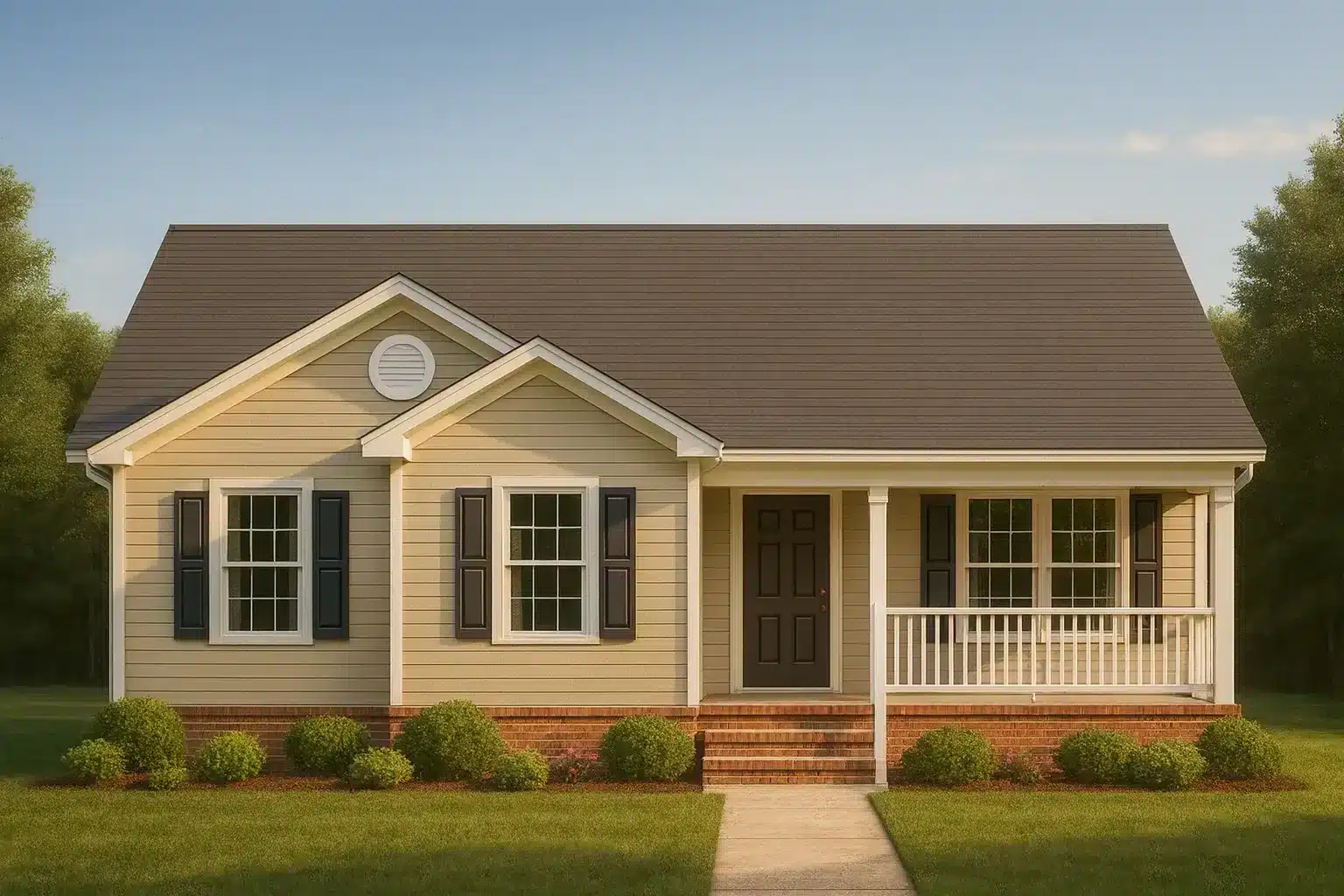 Front view of a Traditional Ranch style home featuring beige horizontal siding, dark shutters, a brick foundation, and a welcoming covered porch entry
