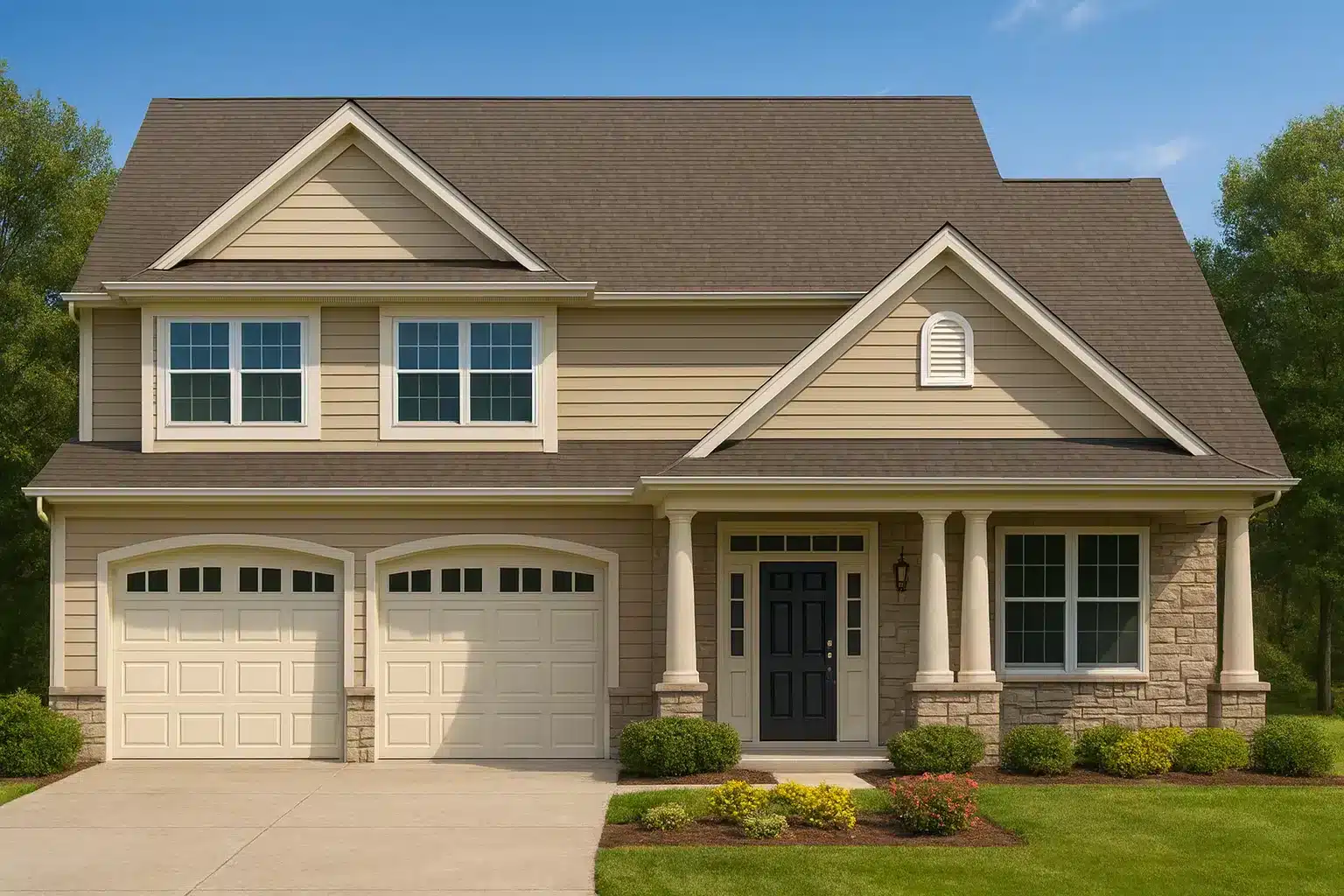 Front view of a Traditional New American style home featuring beige siding, partial stone veneer, symmetrical windows, and a covered porch with columns