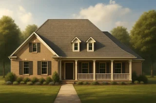 Front view of a Traditional Ranch style house with Colonial influence, featuring a full brick exterior and inviting front porch.