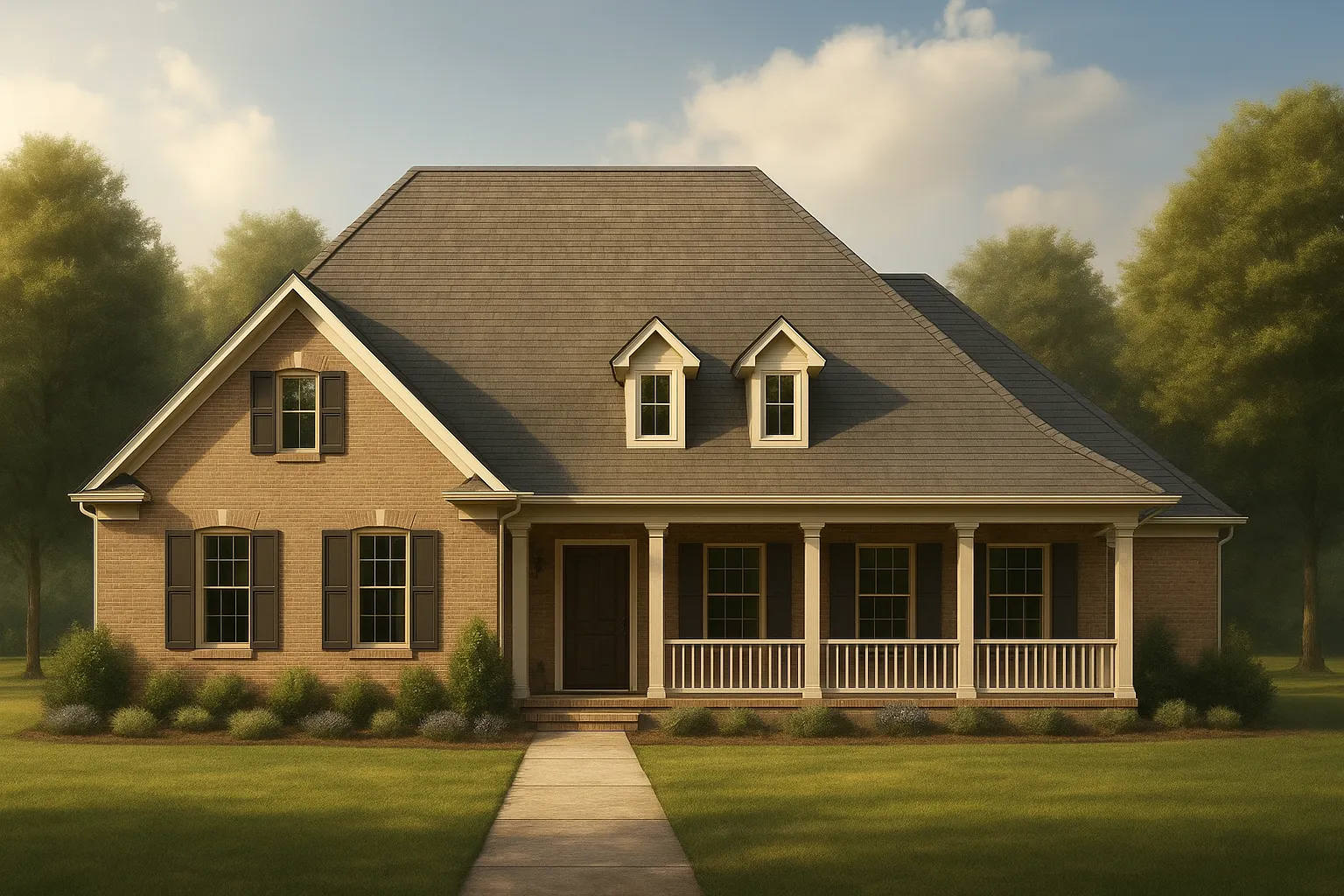Front view of a Traditional Ranch style house with Colonial influence, featuring a full brick exterior and inviting front porch.