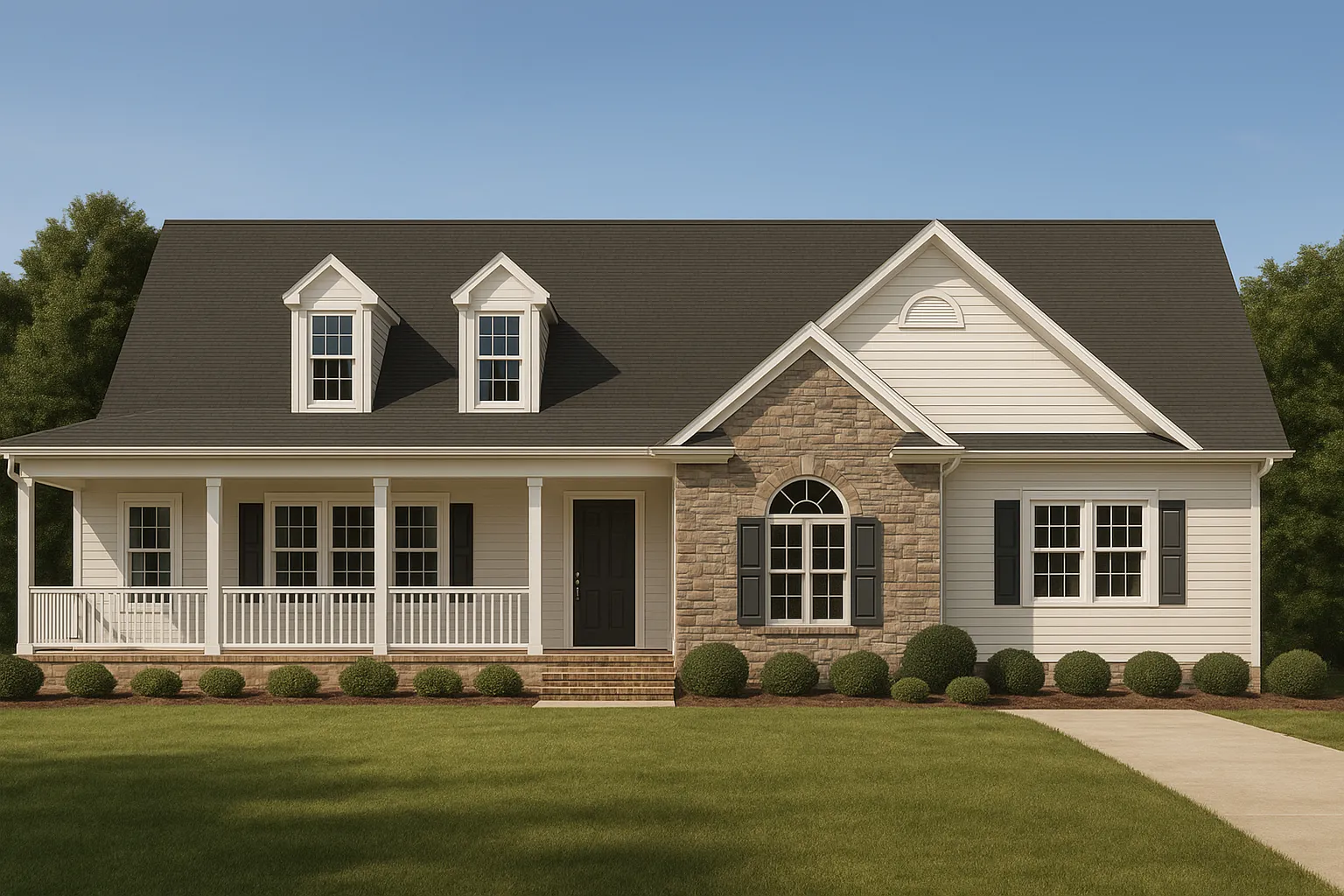 Front view of a traditional farmhouse home featuring stone accents, horizontal siding, and a covered front porch with dormer windows