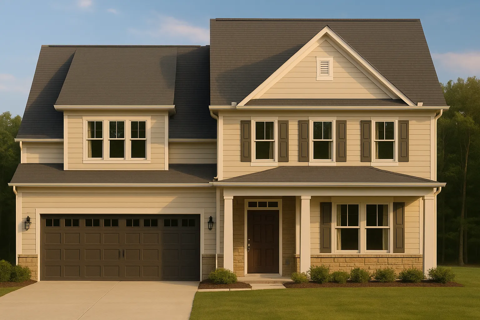 2 Bedroom House Plans 8 Front elevation of a Traditional Colonial style two-story house featuring horizontal siding, stone accents, board-and-batten gables, and a welcoming covered entry.