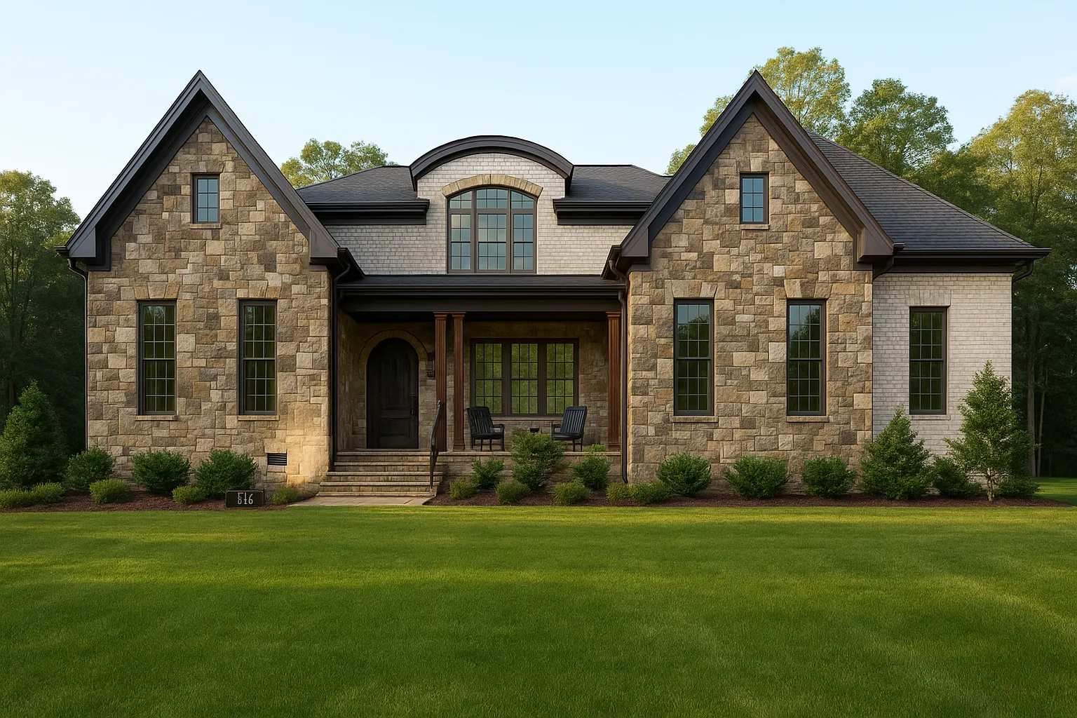 European House Plans 12 Front view of a French Country style home featuring stone and brick exterior, dark trim, arched entryway, and symmetrical gables under a steeply pitched roof