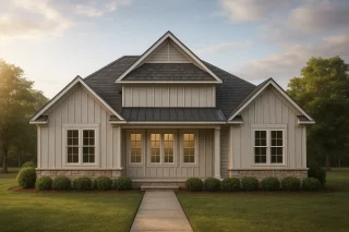 Front view of a Modern Farmhouse home featuring board-and-batten siding, stone water-table accents, symmetrical gables, and a welcoming covered entry