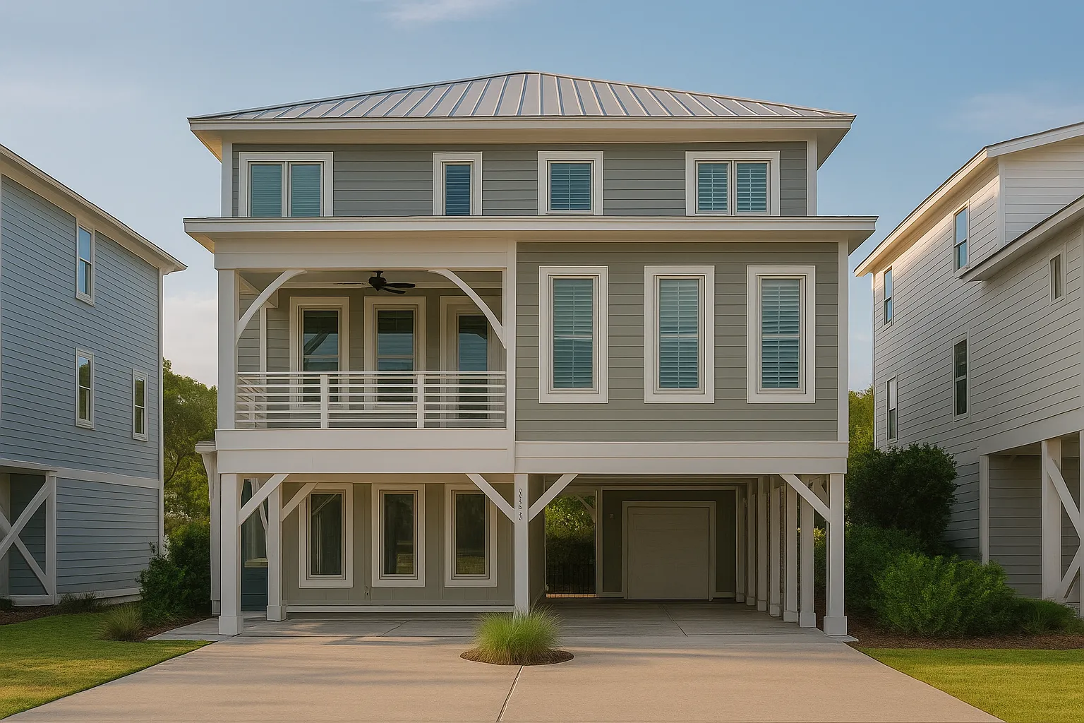 House Plans with Basement Bedrooms 13 Front view of a Coastal Beach style home featuring horizontal siding, elevated structure with covered carport, and a front balcony framed by elegant arches and trim details
