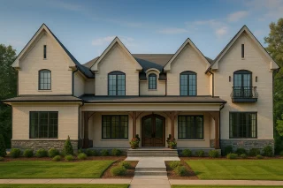 Garage Workshop Plans 3 Front view of a French Country style home with painted white brick, stone foundation, black window trim, and wood columns framing the front porch entry