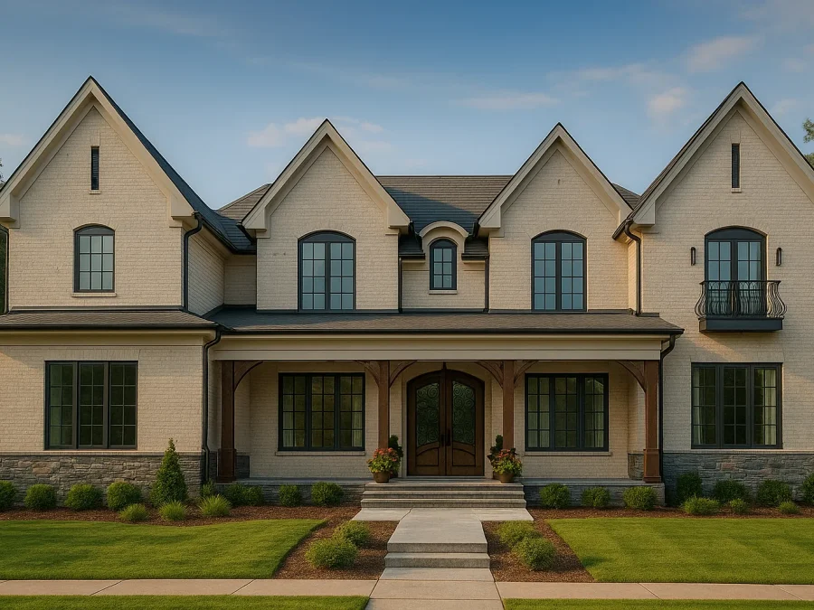 Front view of a French Country style home with painted white brick, stone foundation, black window trim, and wood columns framing the front porch entry