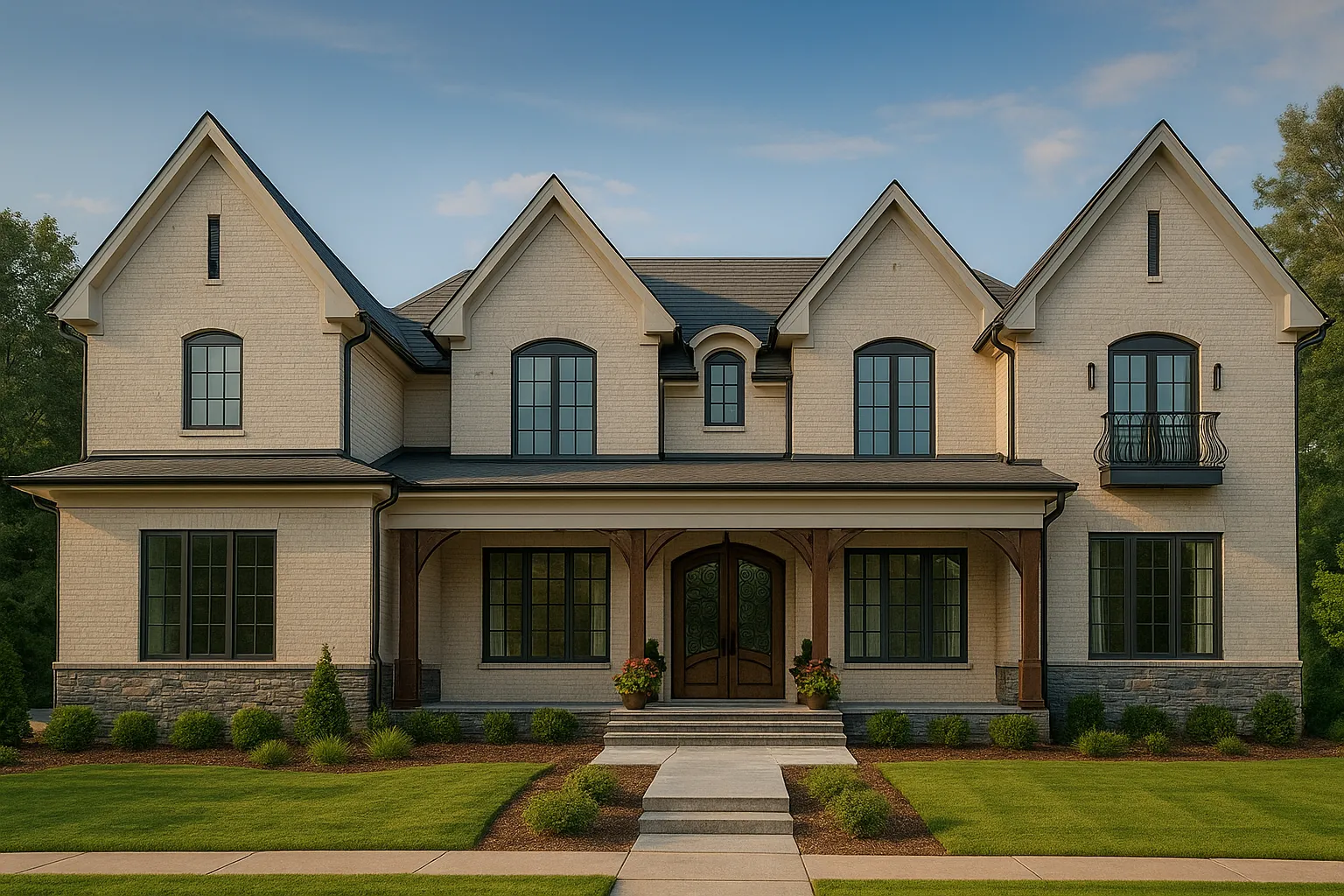 House Plans with Basement Bedrooms 3 Front view of a French Country style home with painted white brick, stone foundation, black window trim, and wood columns framing the front porch entry