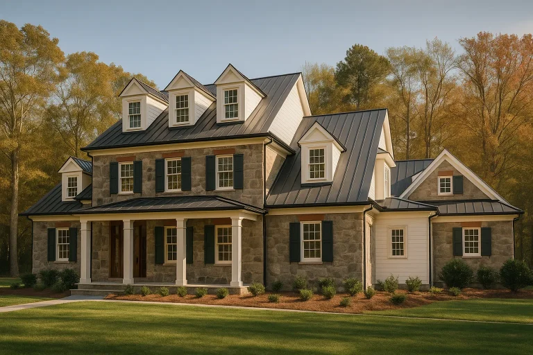 Front view of a Colonial-style home with stone and siding exterior, dark green shutters, and a standing seam metal roof, showcasing timeless traditional architecture