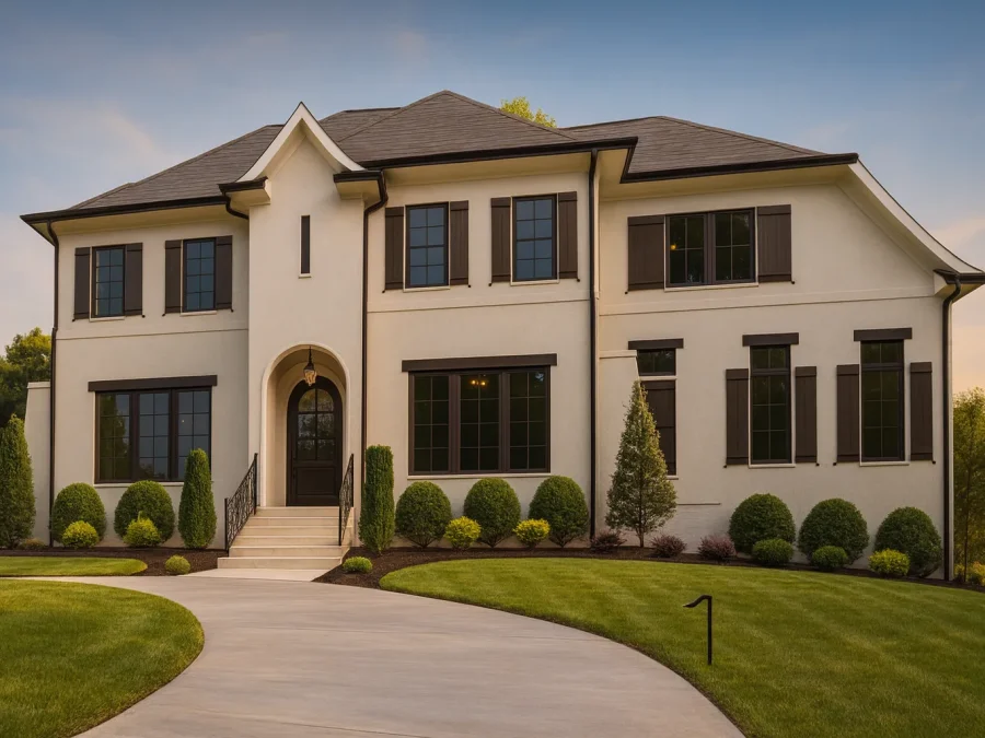 Front and side view of a Transitional Modern Traditional home featuring smooth stucco exterior, black window trim, and arched entryway design with timeless curb appeal