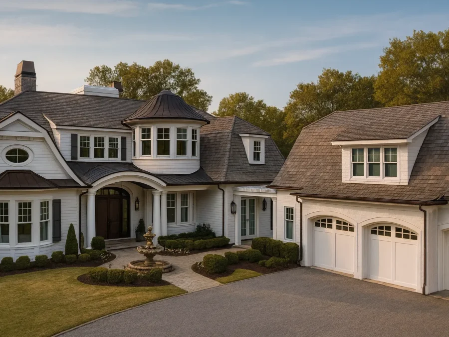 Front view of a Shingle Style Coastal home featuring classic shingle siding, natural wood roofing, arched dormers, white trim, and symmetrical architecture