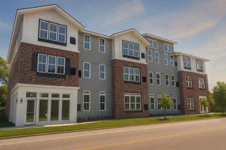 Front view of a modern urban apartment complex featuring a mix of brick and horizontal siding with large windows and clean, contemporary lines
