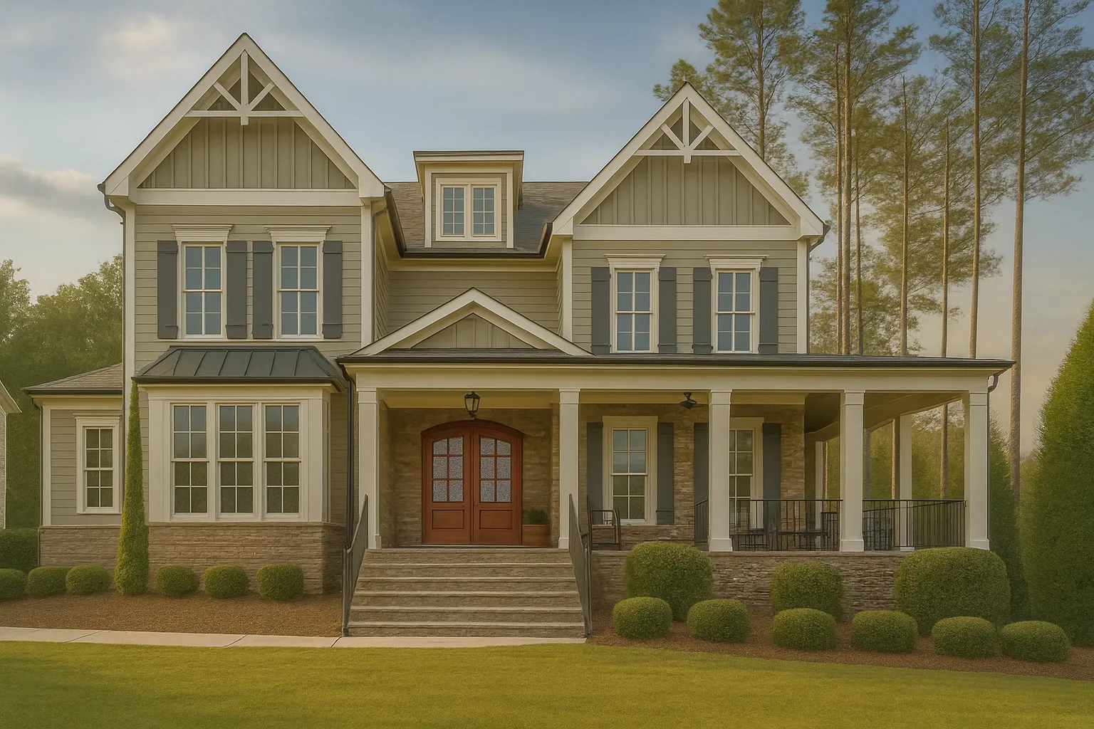 Front elevation of a Southern Classical style home with lap siding, board and batten gables, stone foundation, and covered front porch