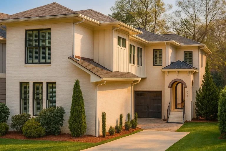 House Plans 8 Front exterior of a Traditional Colonial New American home with painted brick facade, board and batten accents, and classic symmetrical architecture