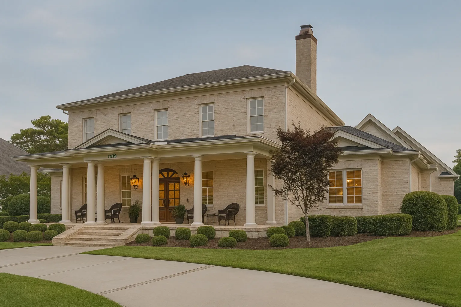 Front exterior of a Georgian Colonial style brick house featuring classical columns, symmetrical windows, and a covered front porch