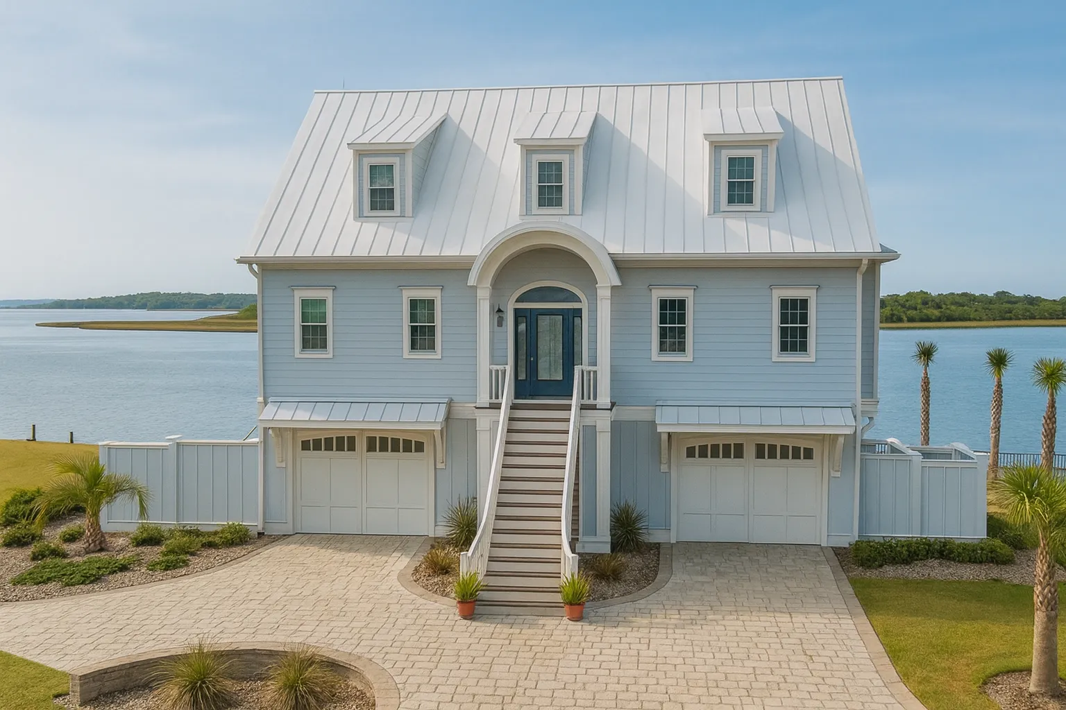 Front elevation of a Coastal Low Country style home with elevated living, lap siding, standing seam metal roof, and symmetrical waterfront design