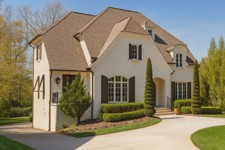 Front elevation of a French Country style home featuring smooth stucco exterior, steep hipped roof, arched windows, and refined European detailing