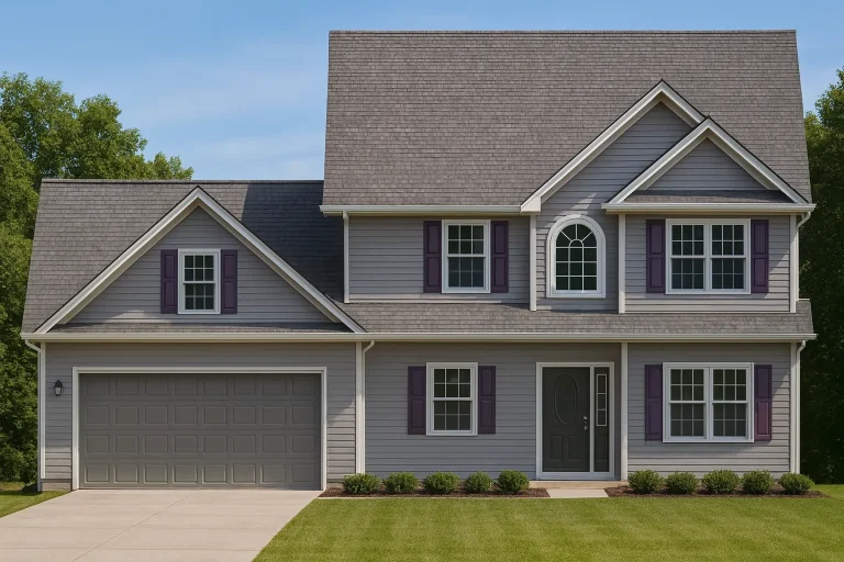 Front view of a Traditional Colonial style house featuring horizontal siding, brick accents, and a symmetrical two-story façade with gabled rooflines.