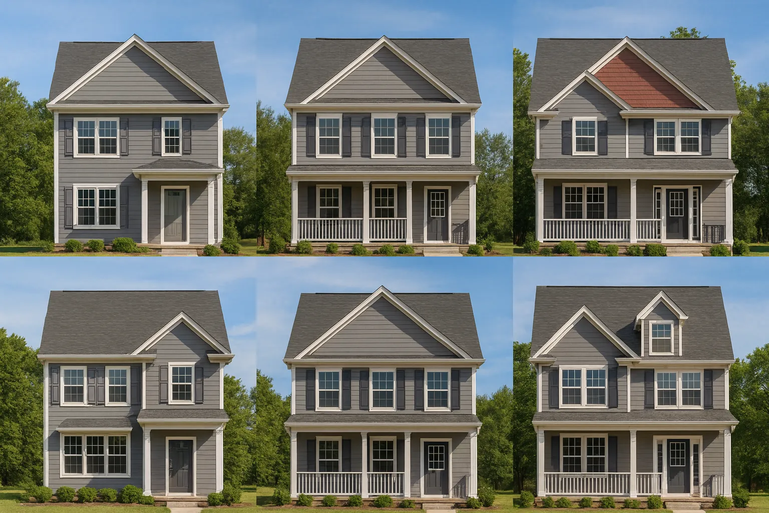 Bed and Bath Features 7 Front elevation of a Traditional Colonial style house featuring beige horizontal siding, black shutters, and a centered entry door under a small covered porch