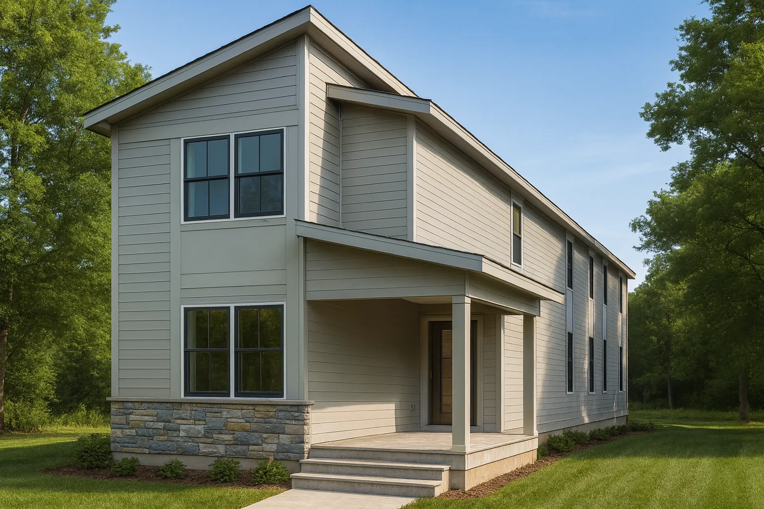 Front view of a modern farmhouse style two-story home featuring horizontal siding, black-framed windows, and a covered front porch with stone foundation accent.
