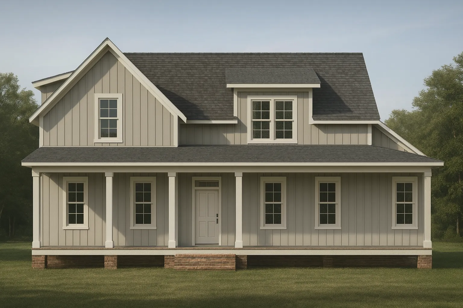 House Plans with Functional Layout 4 Front view of a Modern Farmhouse Cottage style home with board and batten siding, shingle gable accent, and inviting front porch entry