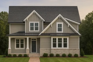 Front elevation of Modern Farmhouse style home featuring board and batten siding, gable rooflines, and welcoming covered porch entry