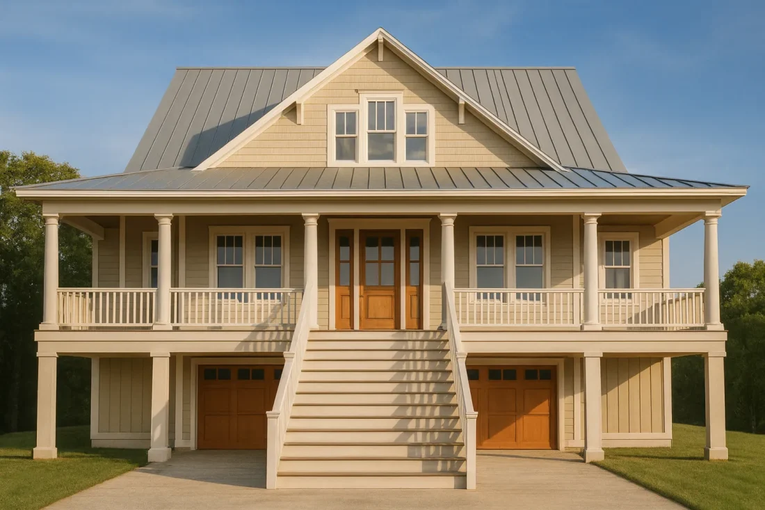 Front elevation of a Coastal Low Country home featuring horizontal siding, shingle gable accents, raised pier foundation, and a metal roof