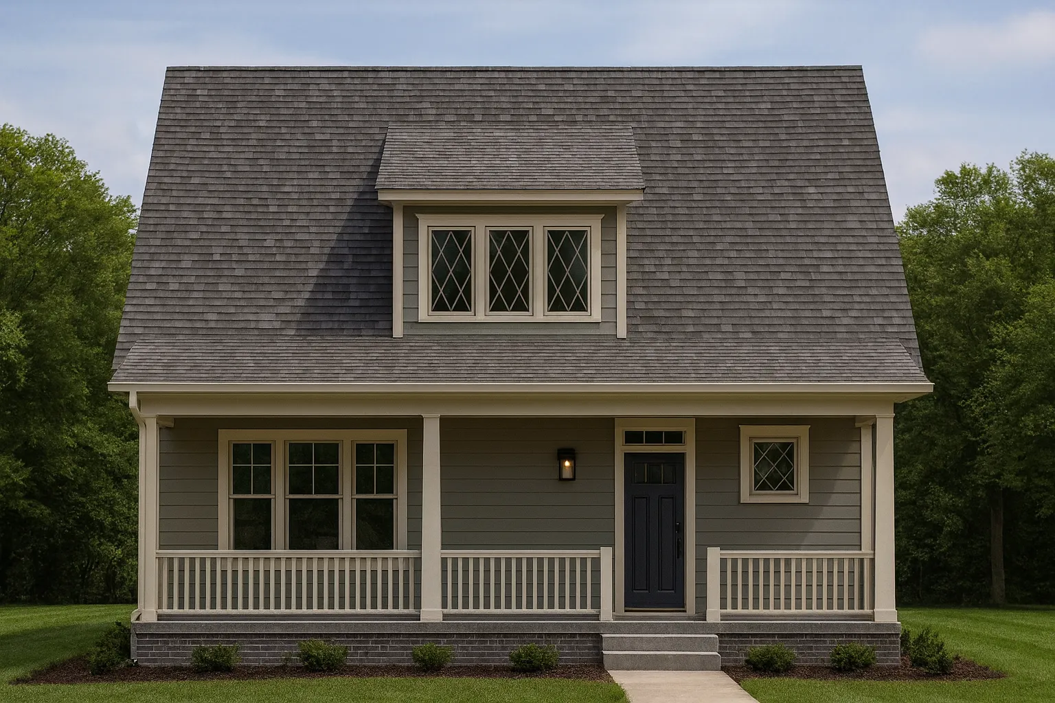 Front elevation of a Cape Cod cottage style home featuring horizontal lap siding, steep roofline, dormer windows, and a welcoming covered porch