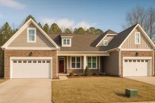 Front elevation of a Traditional Ranch home featuring Craftsman elements, stone accents, board and batten, shingle siding, and triple-garage layout