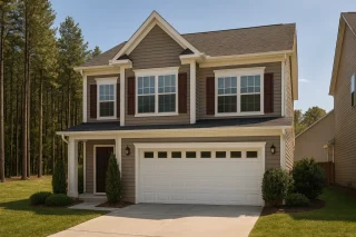 Front elevation of a Traditional Suburban two-story house with horizontal siding, red shutters, large windows, and a two-car garage