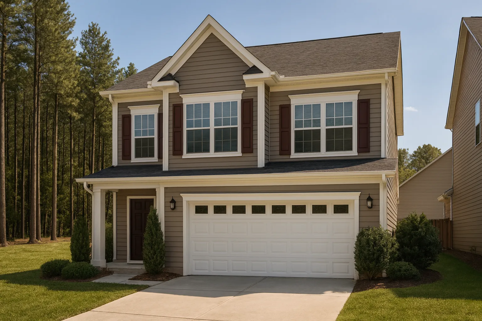 Front elevation of a Traditional Suburban two-story house with horizontal siding, red shutters, large windows, and a two-car garage